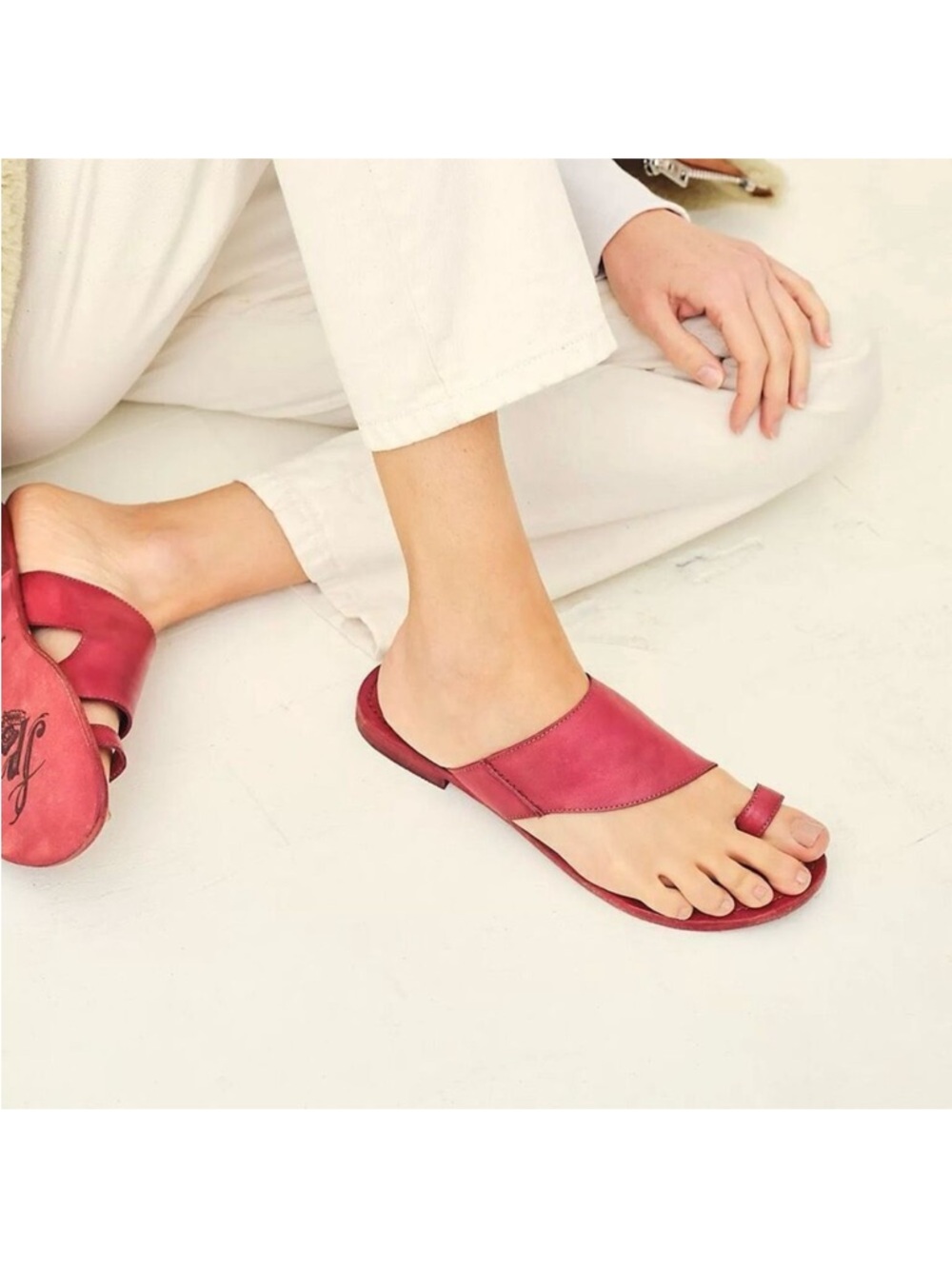 Free People Sant Antoni Red Leather Toe-Loop Slide Sandals